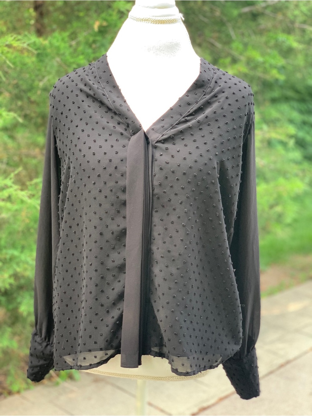 Zara Black Textured Tie-Front Long Sleeve Blouse